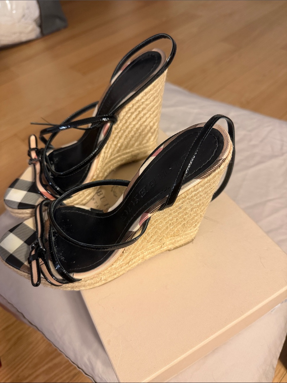 Burberry Black Patent Leather & Nova Check Espadrille Wedge Sandals - Picture 2 of 4